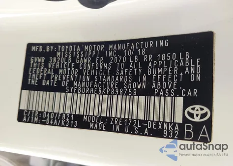 2019 Toyota Corolla Le z USA, uszkodzony, nr VIN 5YFBURHE8KP898759